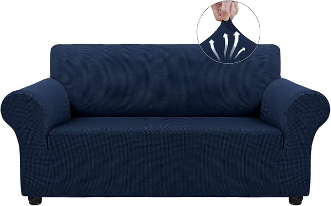 Asnomy Sofa Covers for 2 Cushion Couch Stretch loveseat Covers Slipcovers, Pet Protector Furniture Covers for Dogs Cats Spandex Jacquard Fabric Small Checks （Medium， Navy Blue）