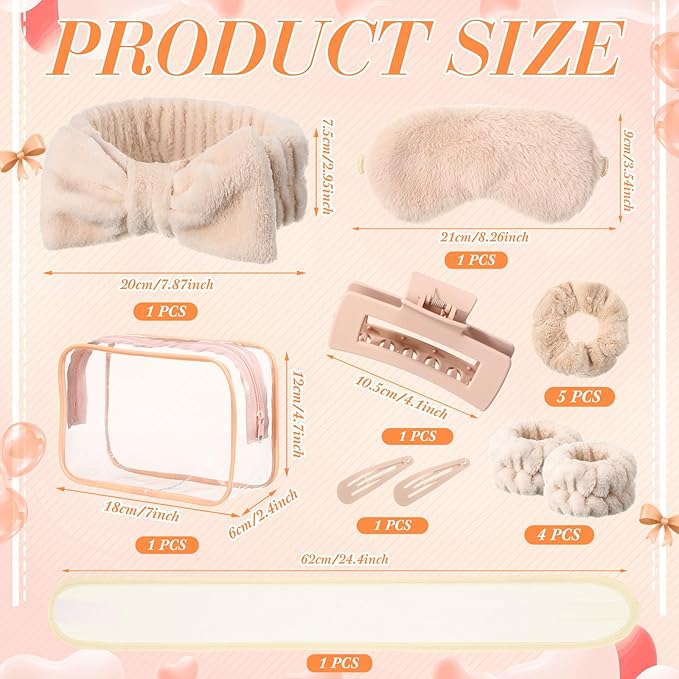 16 Pcs Skin Care Headband Set 2 Spa Headband 1 Plush Sleep Eye Mask 4 Skin Care Wristbands 5 Velvet Scrunchies 1 Claw Clip 2 Bangs Clip 1 Cosmetic Bag for Valentine Galentine Spa Gift(Khaki)