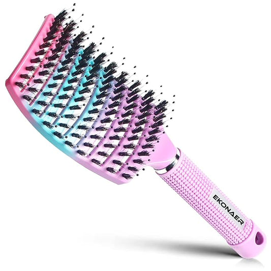 Detangling Brush Boar Bristles Hair Brush for Adult & Kids Wet or Dry Hair,Curved and Vented Detangler Brush - Adds Shine and Makes Hair Smooth(Pink)