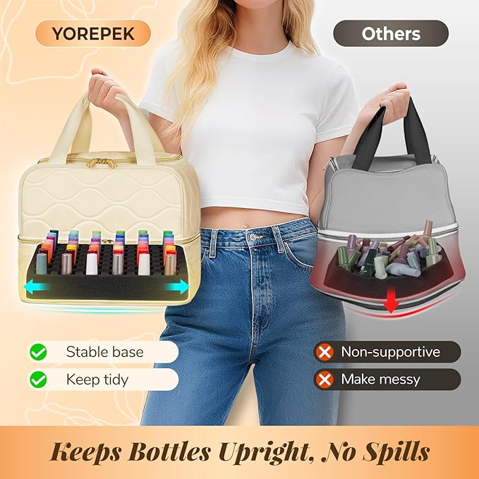 YOREPEK Nail Polish Organizer Case Holds 42+ Bottles (15ml/0.5 fl.oz), 2-Layer Nail Kit Bag with Compartments for Nail Supplies, UV Lamp, Nail Tech Organizers and Storage for Manicure Tools, Beige