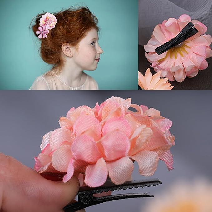 21 PCS Flowers Hair Accessories Women Boho Hair Barrettes Clips Girls Pink Purple Floral Rose Bride Headpiece Wedding Festival(PINK & PURPLE)