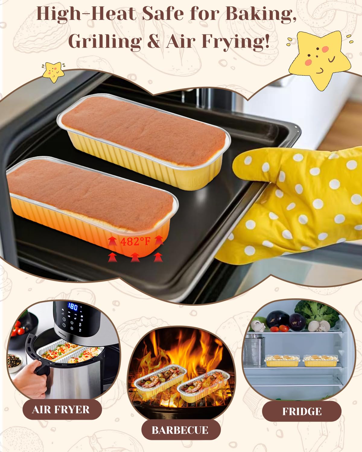 YQER 100 Pack Mini Loaf Pans with Lids, Spoons & Stickers – Disposable Aluminum Foil Baking Cake Containers for Oven, Air Fryer & Freezer – Ideal for Cakes, Bread, Pudding, Parties & Gifting, Gold