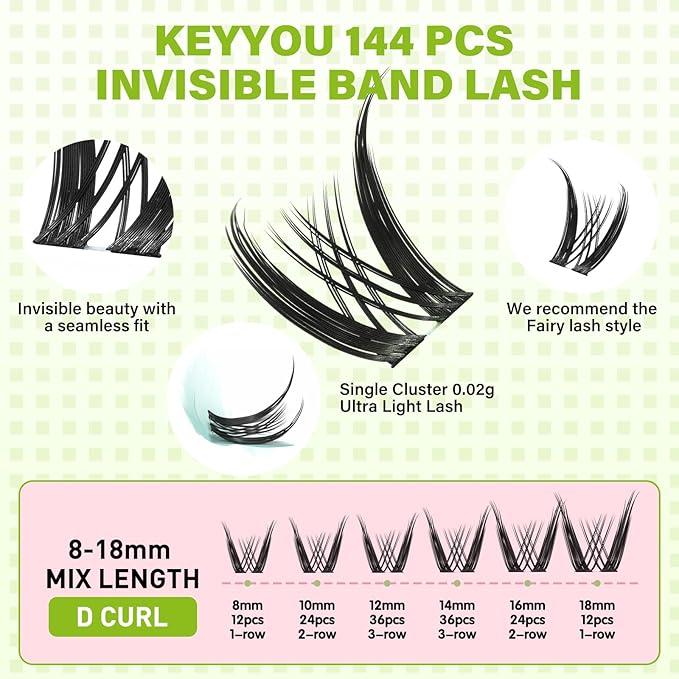 KEYYOU Naiad Lash Clusters Fairy Eyelash Extension C Curl 144Pcs Eyelash Extension Wispy Natural Invisible Band Lash with Waterproof DIY Lash Extension at Home(Naiad-C-8-16MIX)
