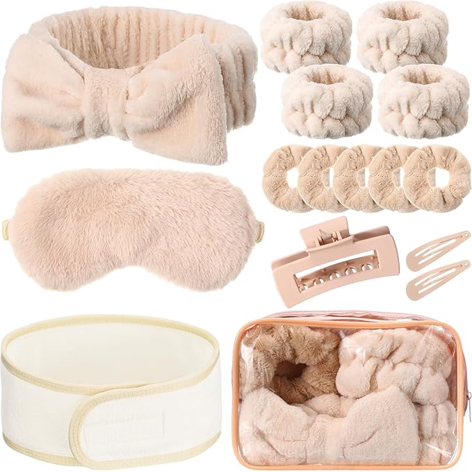 16 Pcs Skin Care Headband Set 2 Spa Headband 1 Plush Sleep Eye Mask 4 Skin Care Wristbands 5 Velvet Scrunchies 1 Claw Clip 2 Bangs Clip 1 Cosmetic Bag for Valentine Galentine Spa Gift(Khaki)