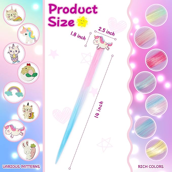 8 Pieces Hair Clips for Girls, Animal Straight Rainbow Hair Extensions for Kids, Little Girl Hair Clips Accessories for Girls Toddler Kids Ponytails