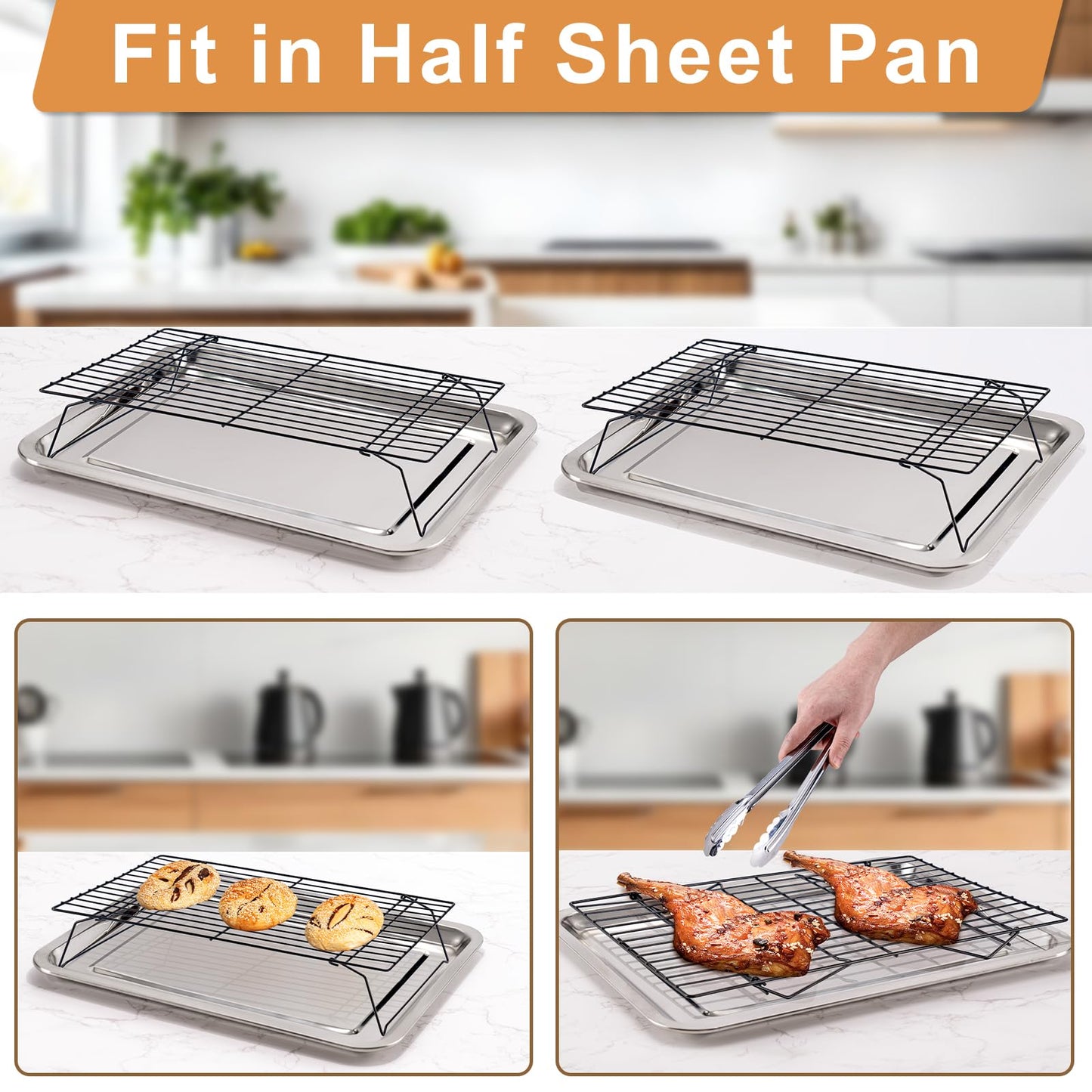 Cooling Rack for Baking 3 Tiers, 16" x 10" Cookie Cooling Wire Rack Stackable Collapsible Nonstick, Stainless Steel Baking Cooking Cooling Racks with Optimum Air Flow, Black