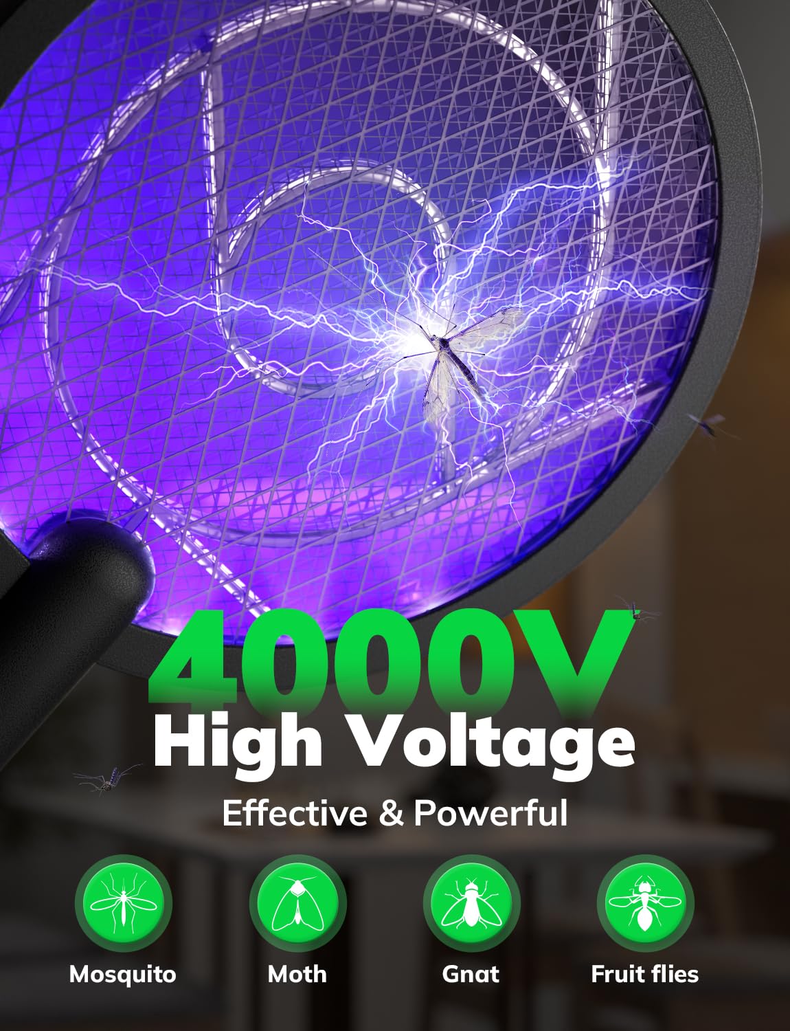 YISSVIC Electric Fly Swatter Bug Zapper Racket 4000V LED Screen Dual Modes Fly Zapper Rechargeable for Indoor Home Office Backyard Patio Camping (Black)