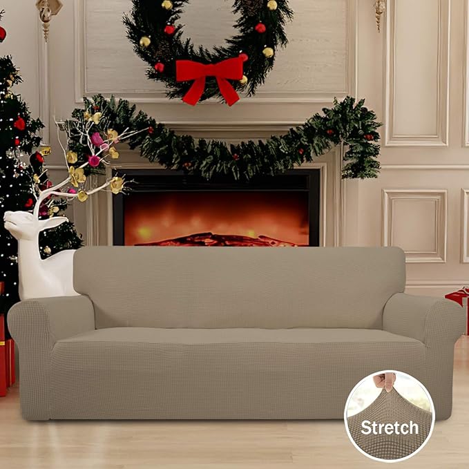 Easy-Going Stretch Oversized Sofa Slipcover 1-Piece Sofa Cover Furniture Protector Couch Soft with Elastic Bottom for Kids, Polyester Spandex Jacquard Fabric Small Checks Natural