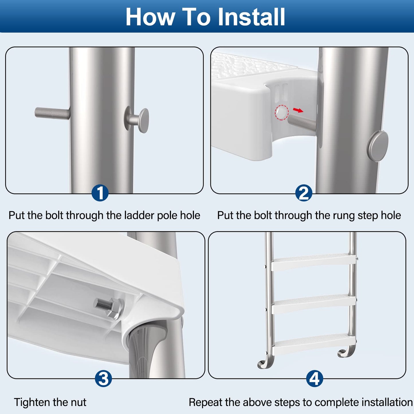 Goovilla Pool Ladder Steps Replacement, (3-Pack) 18" Universal Heavy-Duty Molded Plastic Swimming Pool Ladder Rung Step with 6 PCS Stainless Steel Bolts for Inground and Above Ground Pools, White