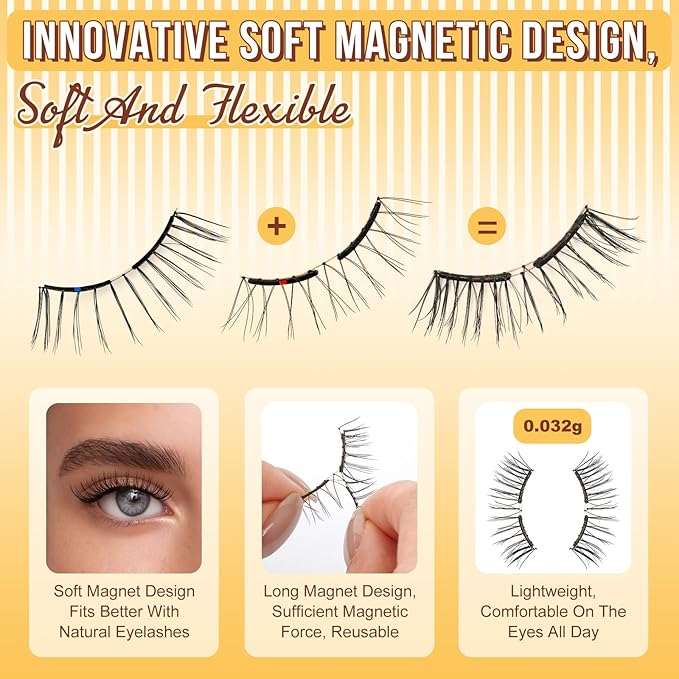 QUEWEL Magnetic-Eyelashes with Applicator, Upgrade 1 Pair Soft Magnetic Lashes, No Glue Needed Reusable Magnetic Eyelashes So Soft and Suitable for Beginners (Soft-Magnetic-C01)