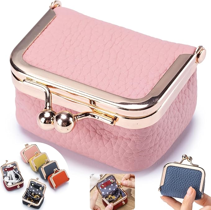 Genuine Leather Mini Jewelry Box - Vintage-Inspired Travel Jewelry Organizer with Kiss Lock, Compact Ring Box for Women, Perfect for Earrings, Rings, Necklaces, Bracelets - Ideal Gift for Her (Pink)