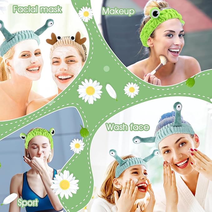 3 Pack Spa Headband Face Wash Hairband Facial Makeup Head Wraps Cartoon Elastic Head Band Cute Frog Snail Crab Shower Headband Creative Hair Accessories for Beauty Skincare Sports