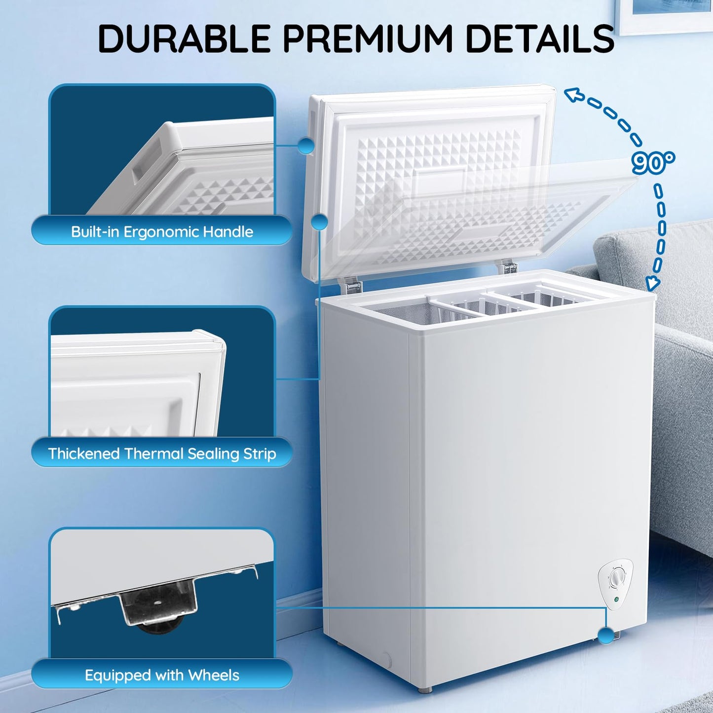 TACOOL 4.5 Cu.ft Chest Freezer Mini freezer with Removable Basket 90L Capacity Storage Knob Temperature Control White