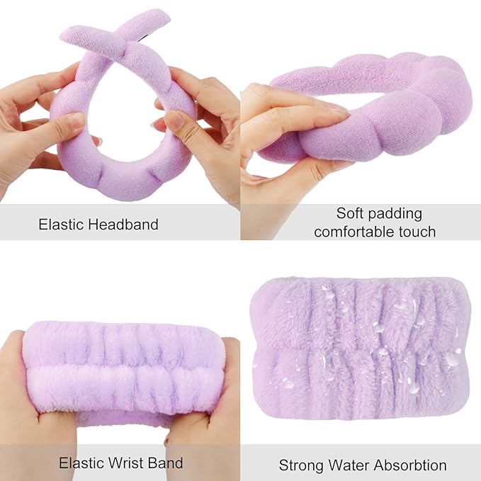 SuPoo Hairband, 6pcs Purple Spa Headband and Wristband Set, Soft Microfiber Material, Perfect Size, Strong Water Absorbent, Multi-Function Use for Skincare, Sports, Yoga, Makeup, Shower