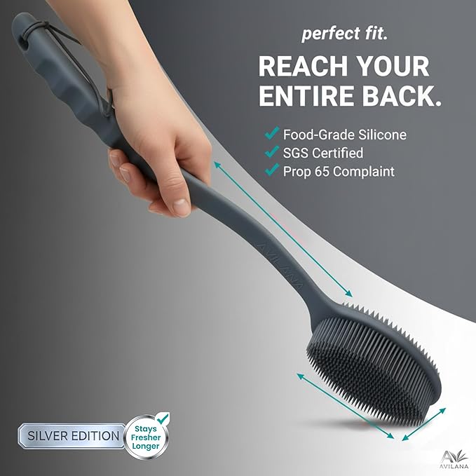 Avilana Silver Edition Back Scrubber Long Handle 19 Inch - Trusted Since 2017 - SGS Certified Silicone Bath Brush, Dual Sided Exfoliating Body Brush Extended Reach Back Washer Women Men Seniors Gift
