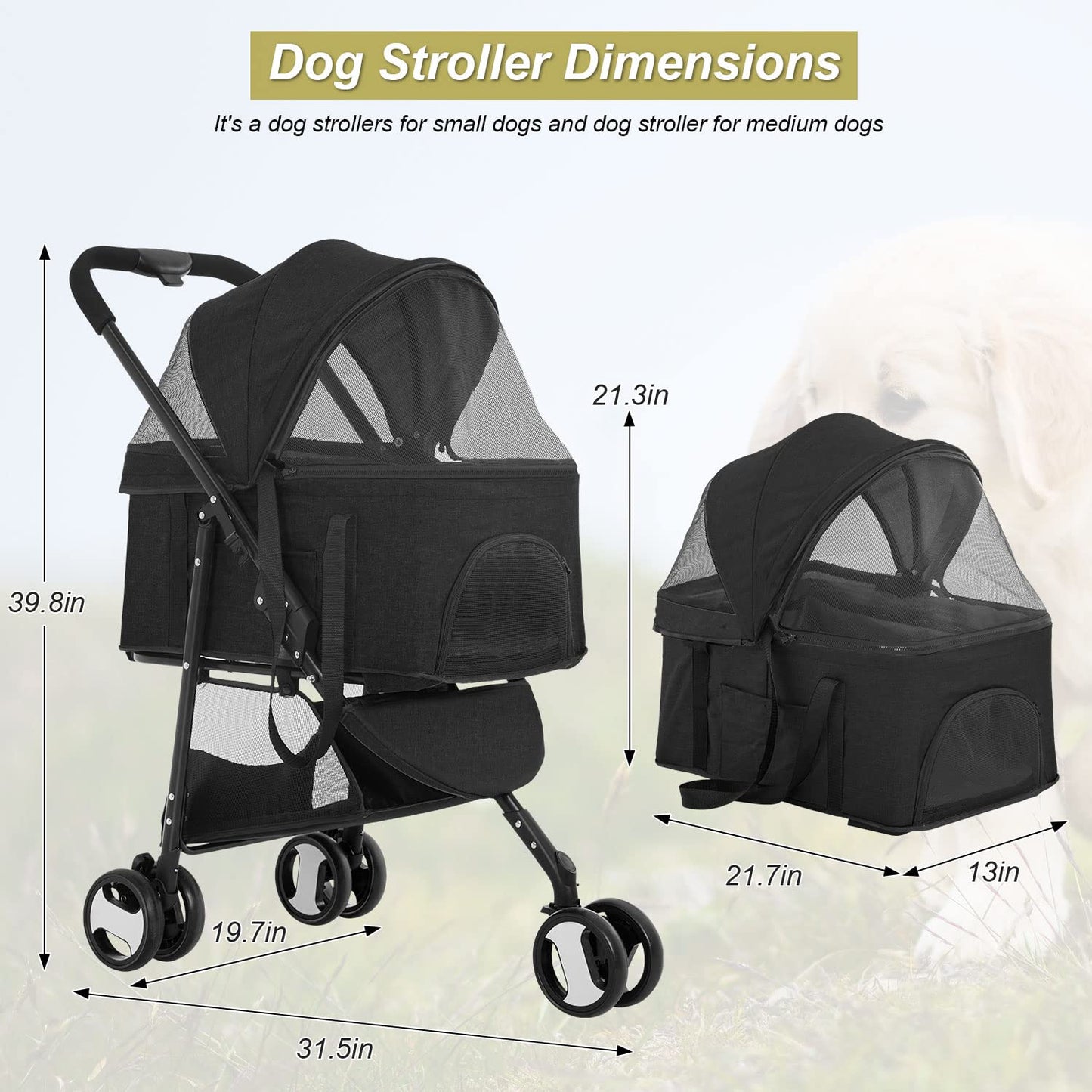 BestPet Pet Stroller Premium 3-in-1 Multifunction Dog Cat Jogger Stroller for Medium Small Dogs Cats Folding Lightweight Travel Stroller with Detachable Carrier, Black