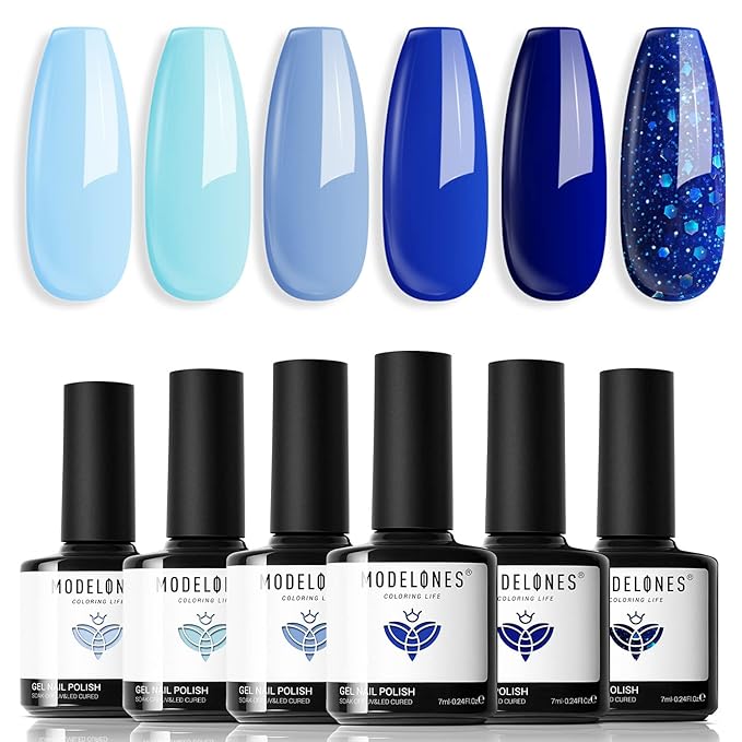 modelones Blue Gel Nail Polish Set 6 Colors, 2026 Spring Pastel Royal Navy Sky Icy Klein Blue Glitter Gel Polish Kit Light to Dark Shades Soak Off All Seaones Nail Art Gel Salon DIY Manicure Gift