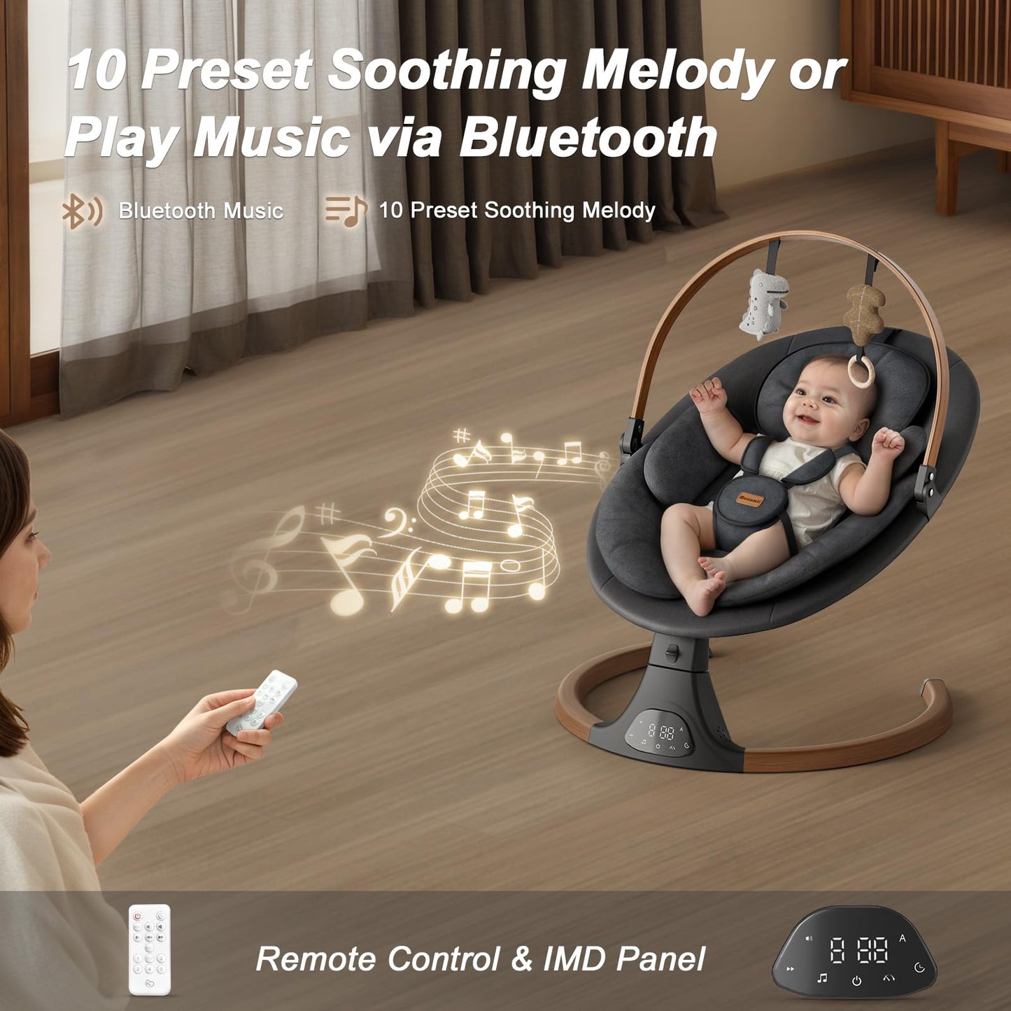 Baby Swings for Infants, Monamii Baby Swing, Bluetooth Infant Swing with Music Speaker, 5 Speeds and Remote Control, Indoor & Outdoor Use (Black)