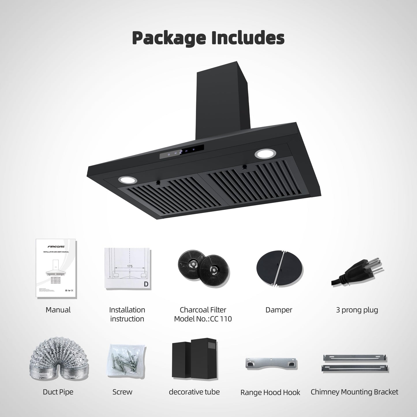 FIREGAS Black Range Hood 30 inch, Convertible Wall Mount Range Hood with Brushless Motor, 450 CFM, 9 Speed Fan, Soft Touch Controls, Permanent Filters, LED Lights, Charcoal Filter included
