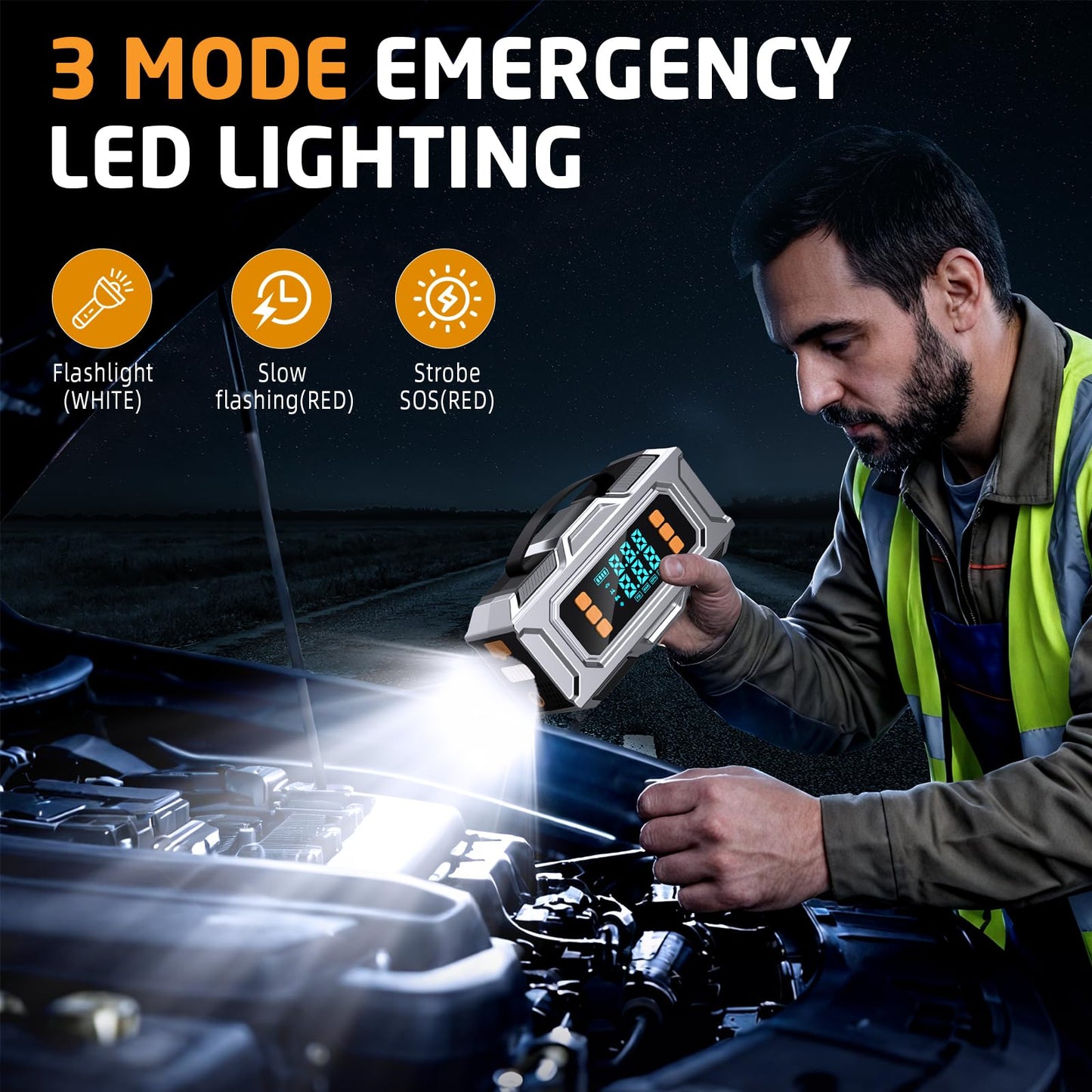 Jump Starter with Air Compressor, 8000A Car Battery Jump Starter (9.0 Gas/8.0L Diesel), 180PSI Car Battery Jumper Starter Portable 12V Jump Box with Jumper Cables, LED Light, Power Bank, LCD Display