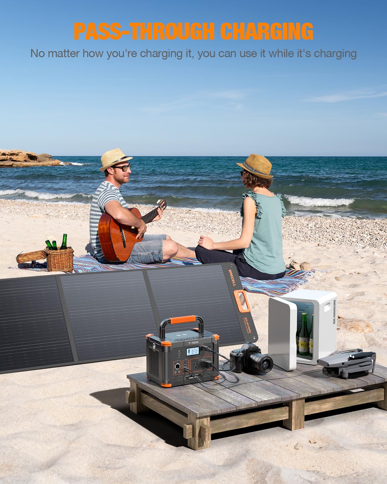 GRECELL 999Wh Solar Generator 1000W, Portable Power Station with 60W USB-C PD Output, 110V Pure Sine Wave AC Outlet Backup Lithium Battery for Outdoors Camping Travel Hunting Home (Peak 2000W)