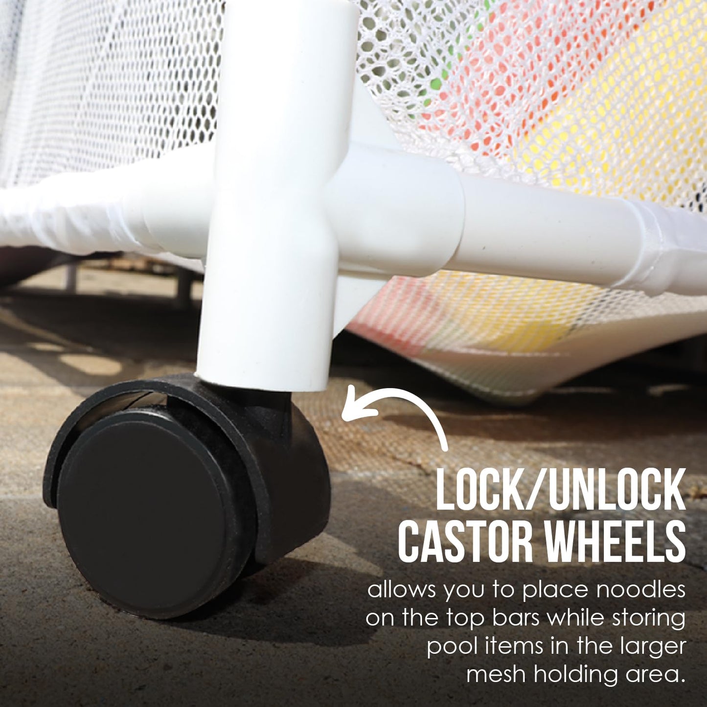 Essentially Yours Pool Storage Equipment Organizer Holder - Noodles, Toys, Balls and Floats Mesh Rolling Double Decker Bin, Large with Noodle Holder, (35.3" W x 23" L x 59.4" H), White Style 561935