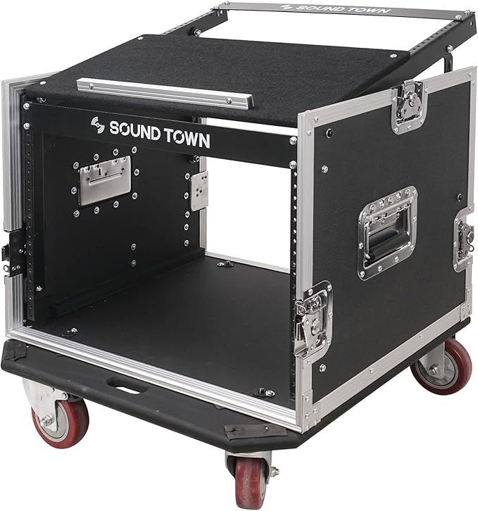 Sound Town Enhanced Thickness 1/2” (12mm) Plywood 8U Audio Rack/Road ATA Case with 11U Slant Mixer Top, 20’’ Rackable Depth, Casters, 8 Space Size, Pro Tour Grade (STMR-8UW)
