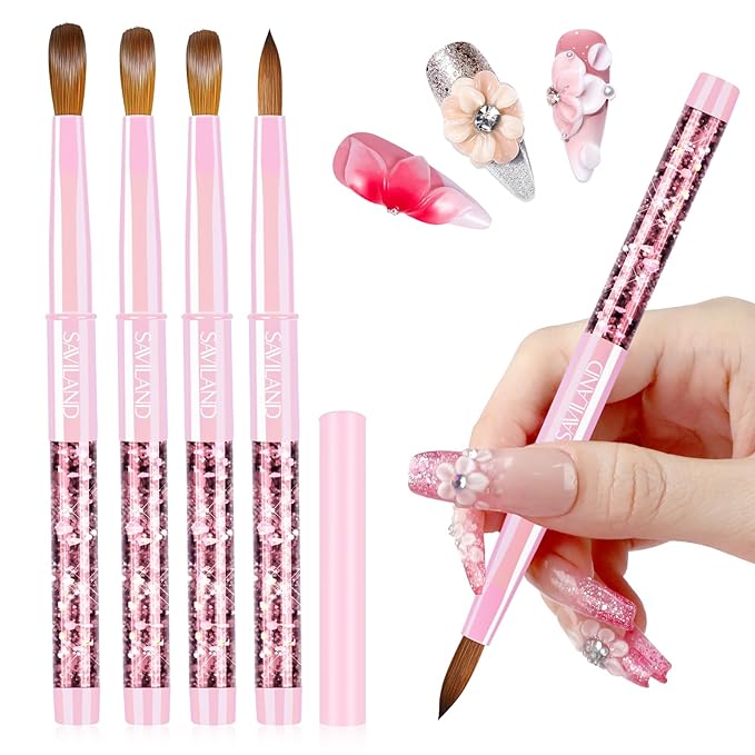 SAVILAND Kolinsky Acrylic Nail Brush Set: Size 6,10,12,14 Professional Manicure Brushes with Gradient Pink Handle for Acrylic Powder 3D Carving & Nail Art Extension Tools Kit Salon Home DIY