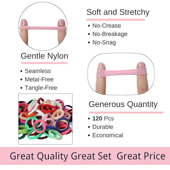 LuSeren 120PCS Colorful Hair Ties for Women Ã¢ÂÂ Soft Seamless Nylon Ponytail Holders, No Damage Fabric Hair Elastics for Thick Hair & Daily Matching