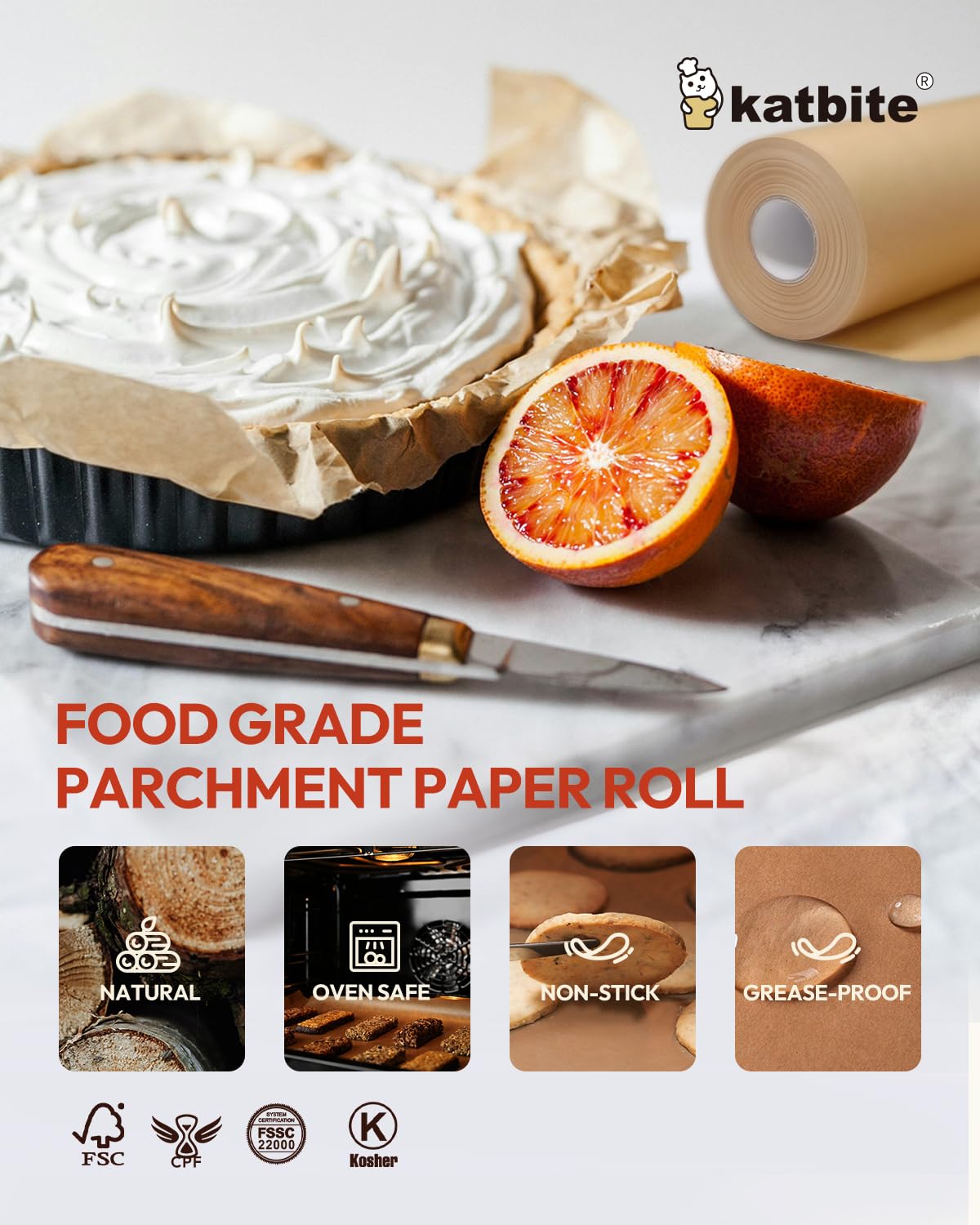 2 Value Pack 15in x 242ft, 300 Sq.Ft Unbleached Parchment Paper Roll for Baking, Katbite Parchment Baking Paper with Serrated Cutter, Non-stick Roll for Cooking, Air Fryer, Steaming, Bread