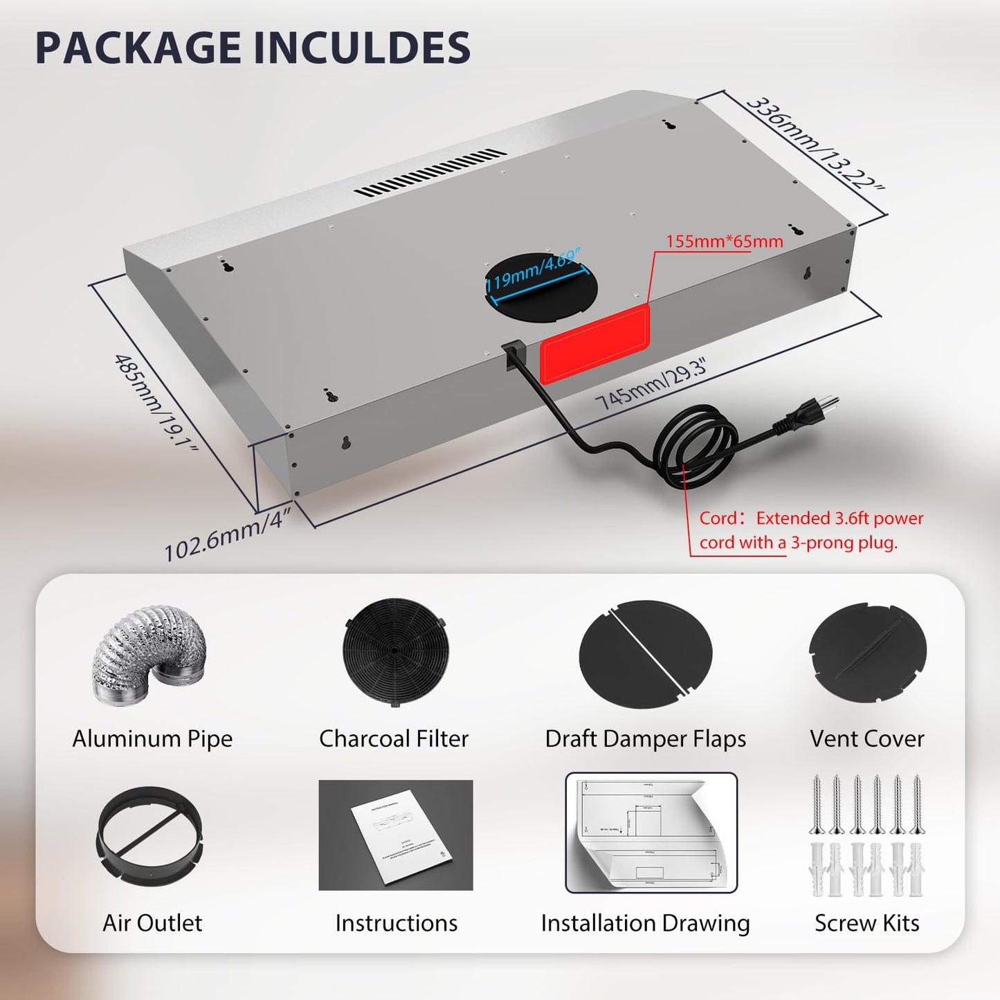 GRACEALL 30 Inch Under Cabinet Range Hood - Ductless Vent Hood Convertible to Ducted, Stainless Steel Kitchen Stove Extractor, Oven Exhaust Fan with Reusable Aluminum Filters and Charcoal Filter