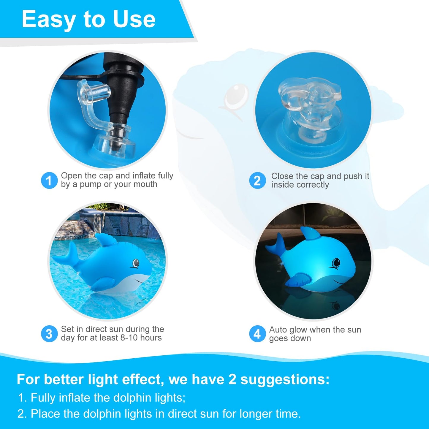 Goallim Solar Floating Pool Lights Dolphin, Glow in the Dark Solar Pool Lights that Float, IP68 Wateproof Inflatable Solar Floating Lights for Pool Pond Wedding Party Decorations - 2PC