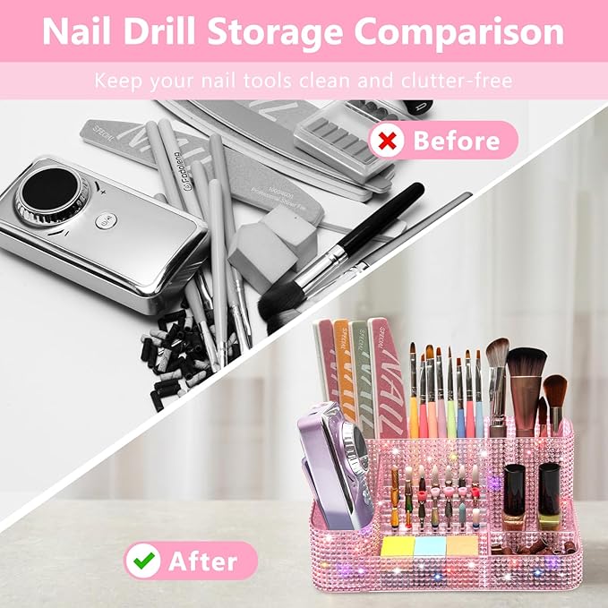 CGBE Nail Drill Holder, 28 Holes Drill Bit Holder for Nails, Professional Nail Tool Organizer, Nail Desk Organizer for Nail Tech, Nail Salon DIY Use - Diamond LightPink
