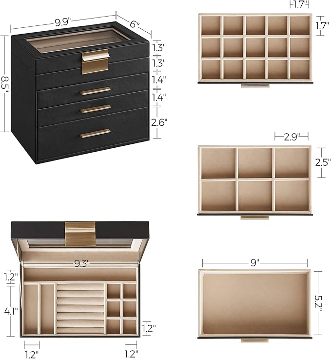 SONGMICS GISELLA Collection - Jewelry Box Organizer, 4-Layer Jewelry Storage with 3 Drawers, Shiny Metal Hardware, Glass Lid, Modern, 6 x 9.9 x 8.5 Inches, Ink Black and Gold Color UJBC161B02