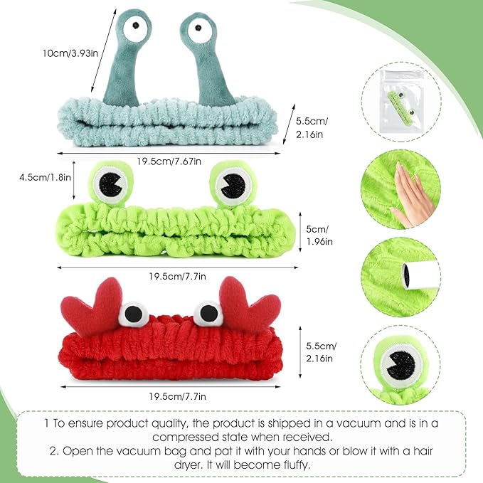3 Pack Spa Headband Face Wash Hairband Facial Makeup Head Wraps Cartoon Elastic Head Band Cute Frog Snail Crab Shower Headband Creative Hair Accessories for Beauty Skincare Sports