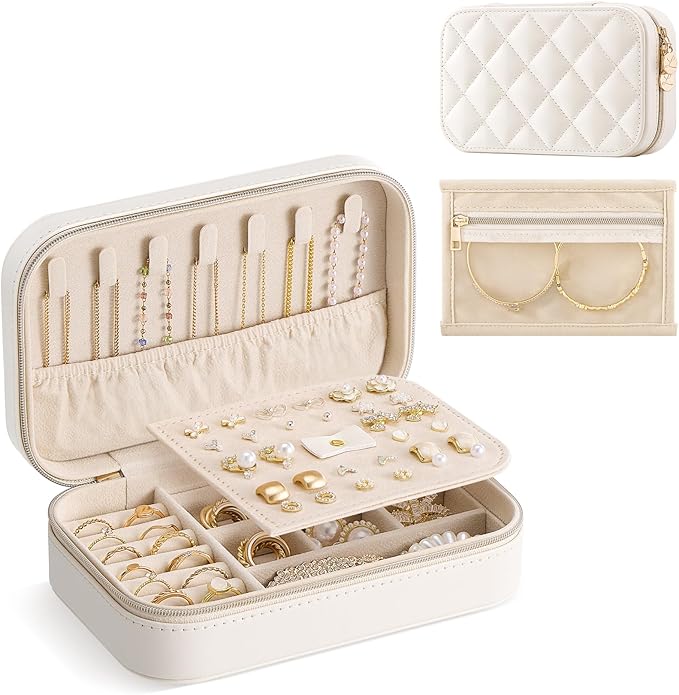 Lolalet Travel Jewelry Case for Women Girls, Travel Jewelry Organizer with Clear Storage Bag Small Portable Jewelry Box for Necklace Bracelet Earring Ring Birthday Bridesmaid Gifts -Medium/Beige