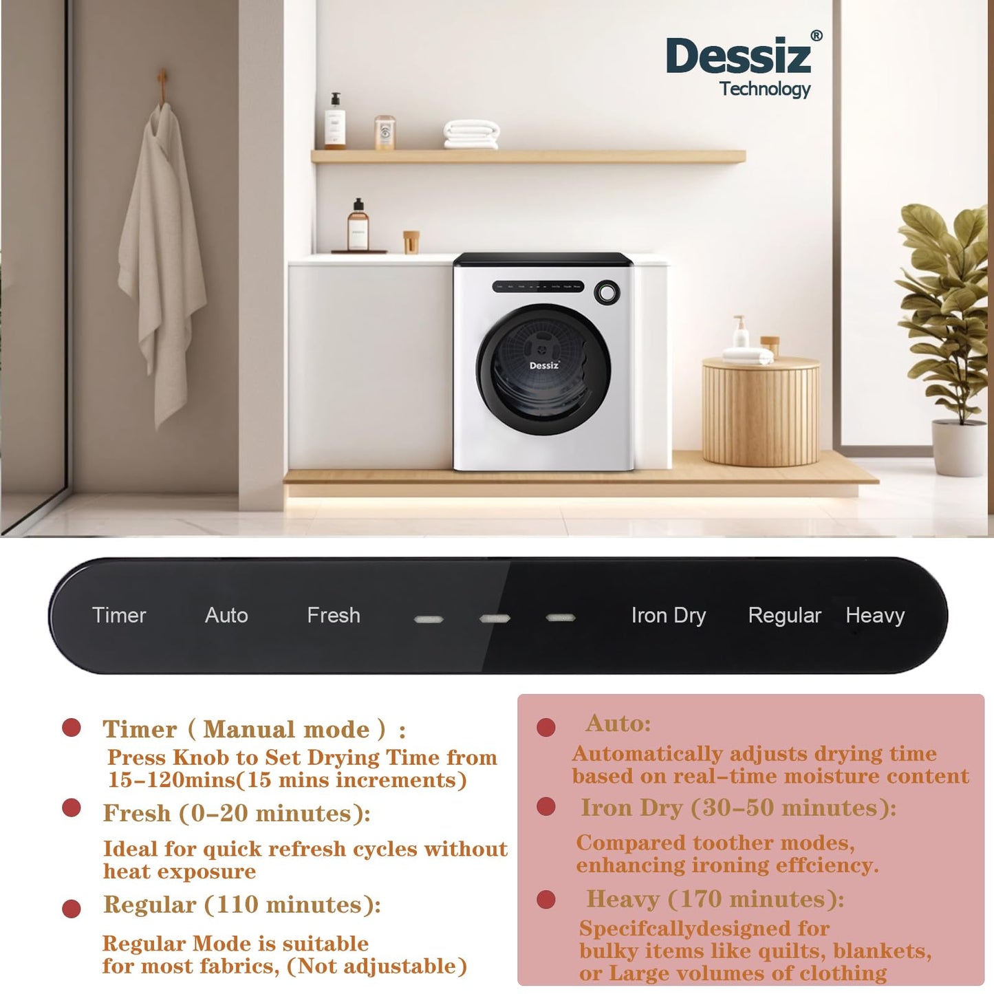 Dessiz 1.6 Cu.Ft.,11LBS Compact Dryer 950W Portable Clothes Dryer Machine with Stainless Steel Drum and Exhaust Hose,Dryer for RVs, Apartments,Dorm Rooms- Quiet, Sturdy,Easy to Use and LED Display