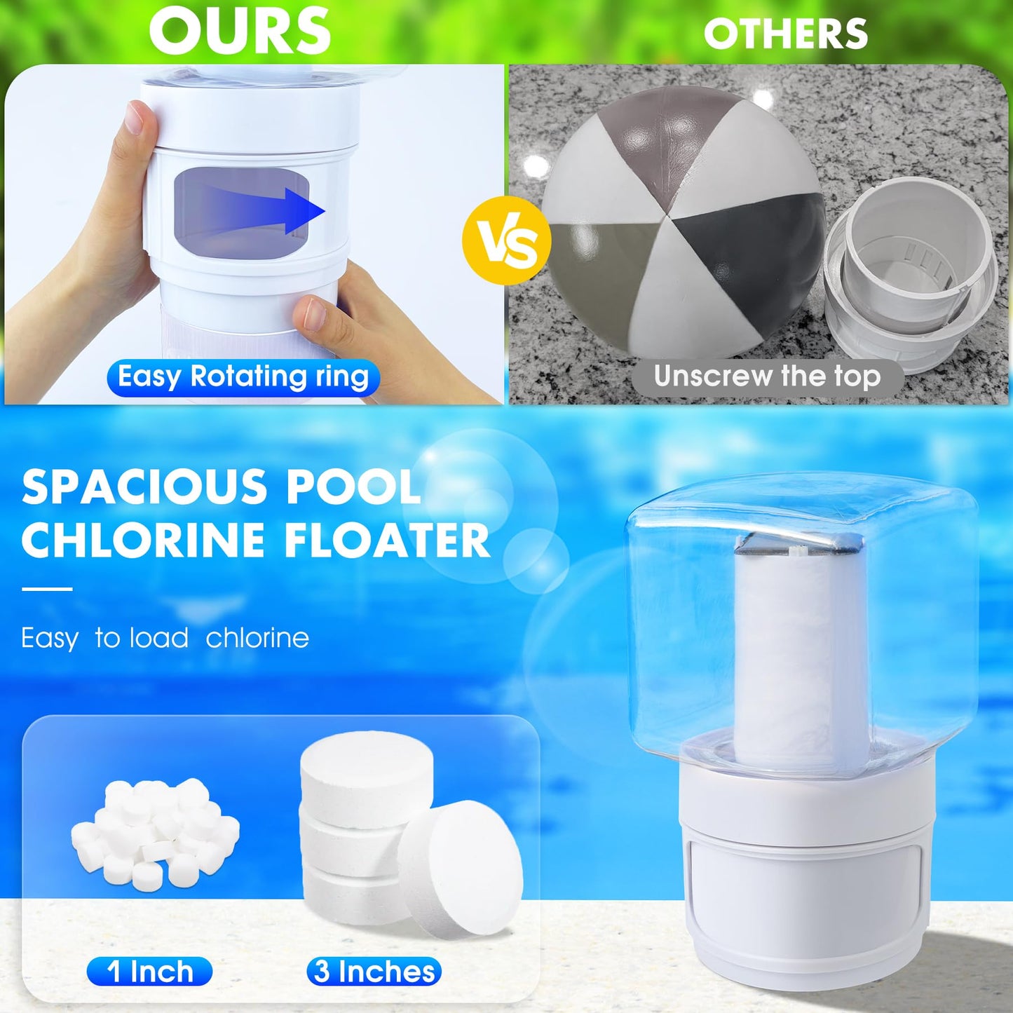 Solar Pool Chlorine Floater, Upgraded Flame Chlorine Tablet Floater for 3 Inch Tablets, Large Pool Dispenser,Floating Chlorine Floater with Adjustable Flow,Solar ChlorineFloater for Hot Tub