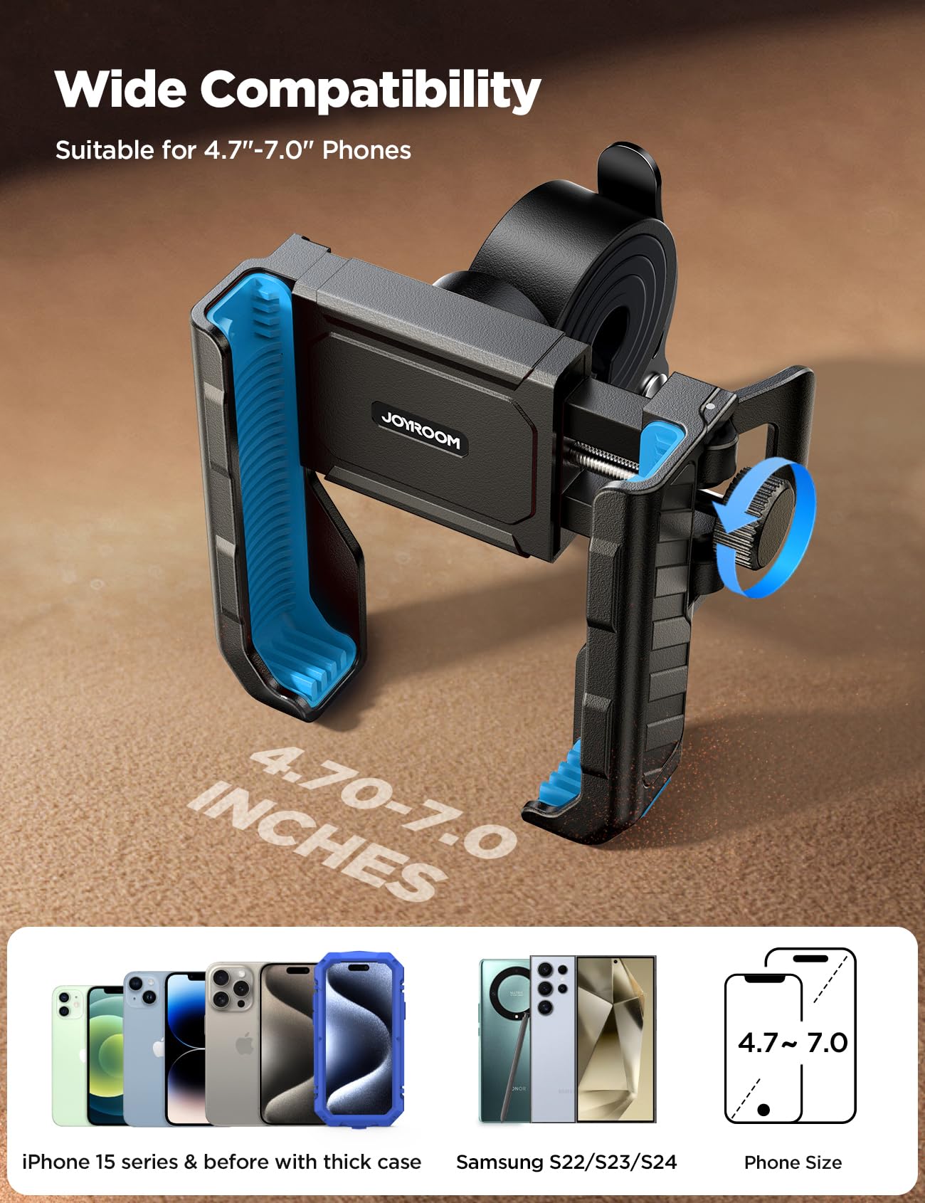 JOYROOM Motorcycle Bike Phone Holder Mount - [Not Block Camera] Bicycle Phone Holder Handlebar Cell Phone Clamp - [Silicone Wrapped] Scooter Phone Holder for iPhone Samsung 4.7''-7'' Smartphones, Blue