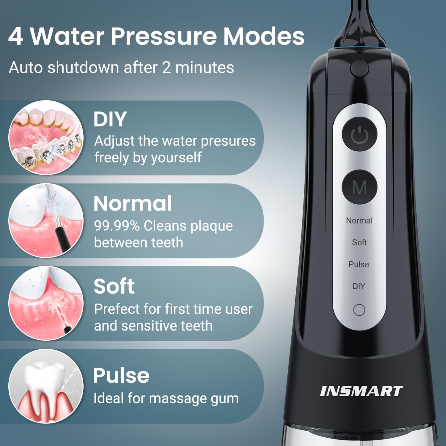 Cordless Water Dental Flosser Teeth Cleaner, INSMART Professional 300ML Tank DIY Mode Rechargeable Dental Oral Irrigator for Home and Travel, IPX7 Waterproof 6 Modes Irrigate Oral Care (Black)