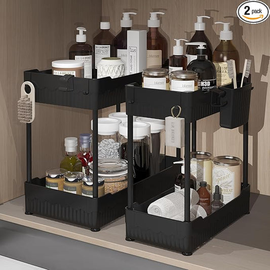 Sevenblue 2 Pack Under Sink Organizer, Under Bathroom Cabinet Organizer with Hooks Hanging Cup, Multi-Purpose Storage Shelf for Kitchen Bathroom (Black, 14.8 Inch)