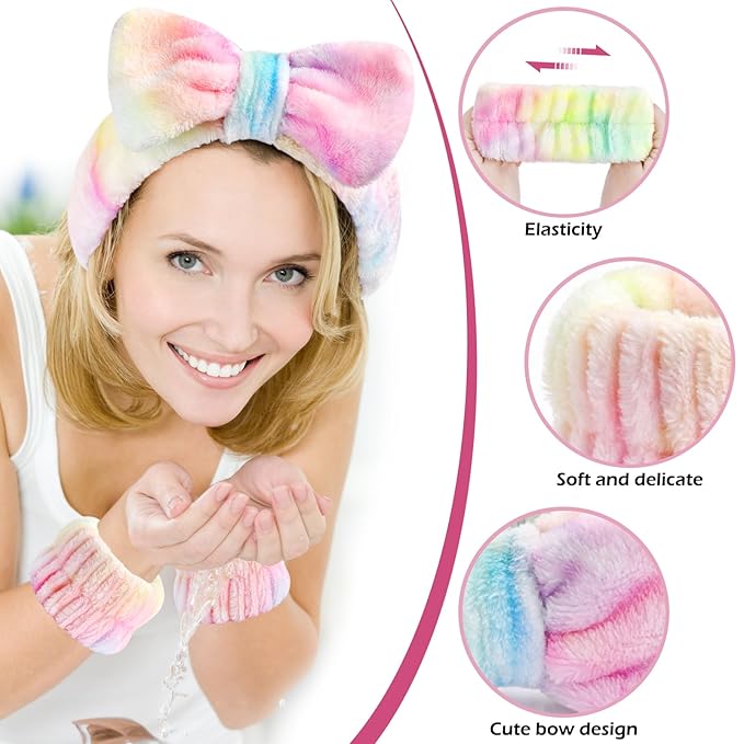 3PCS Spa Headband and Wristbands Set for Women, Soft Microfiber Face Wash Headband with Cute Bow, Elastic Absorbent Wrist Towels, Makeup Skincare Accessories for Facial, Shower, Yoga