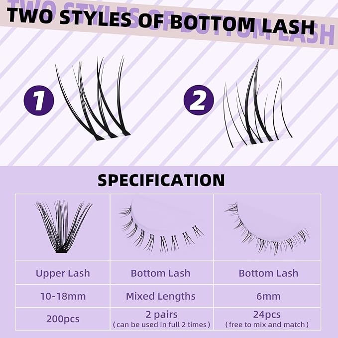 B&Qaugen Eyelash Extension Kit with Bottom Lash Extension 10-18mm 50D D Curl Lash Clusters Kit with Bottom Lashes DIY Lash Extension Kit Bond and Seal Lash Applicator (Kit-50D-D-MIX10-18)