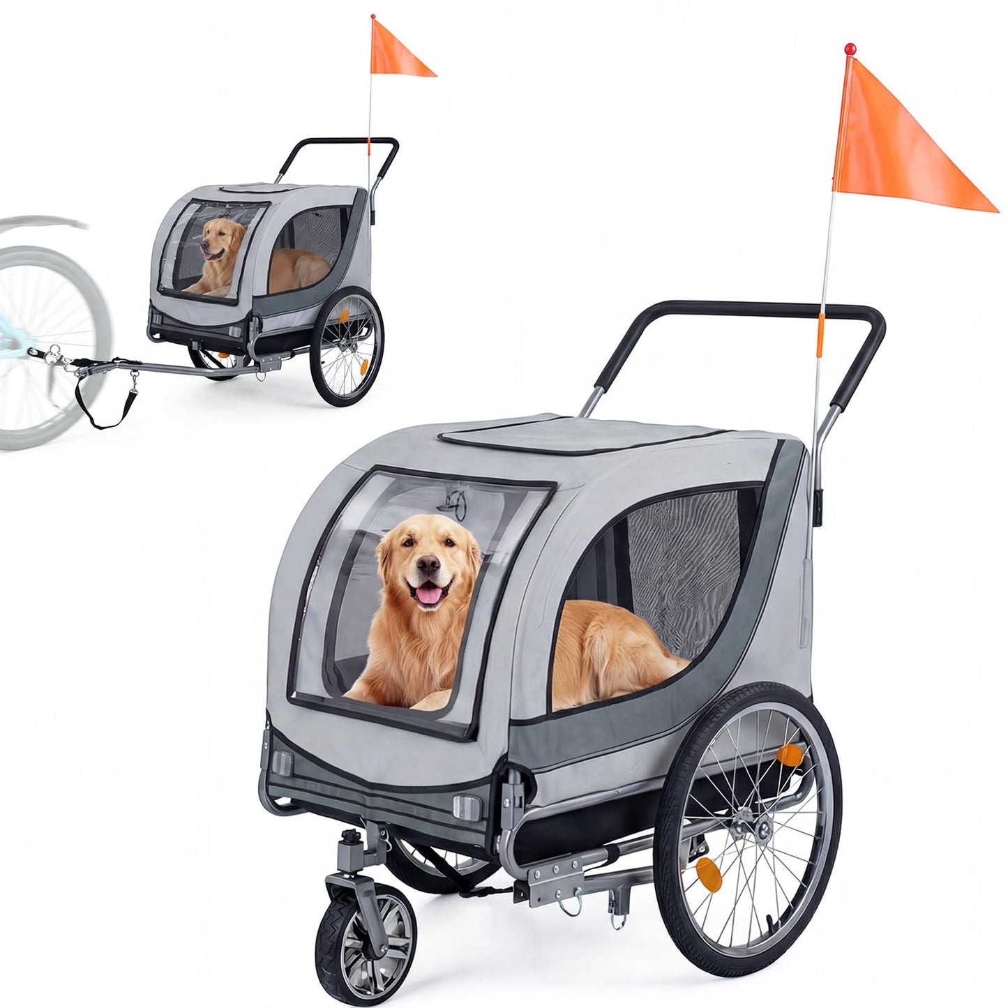 Giantex 2-in-1 Dog Bike Trailer & Pet Stroller for Large Dogs – Foldable Pet Carrier Cart with Front Caster & 2 Air-Filled Tires, Breathable Mesh, PVC Rain Cover, 176 lbs Capacity (Light Gray)