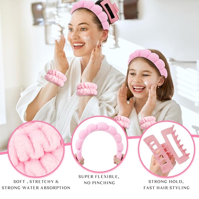 Wecoe Pink Spa Headband and Wristband Set for Face Washing, Makeup Application, Skincare Routine, 3-Piece Hair Accessories Kit with Hair Clip