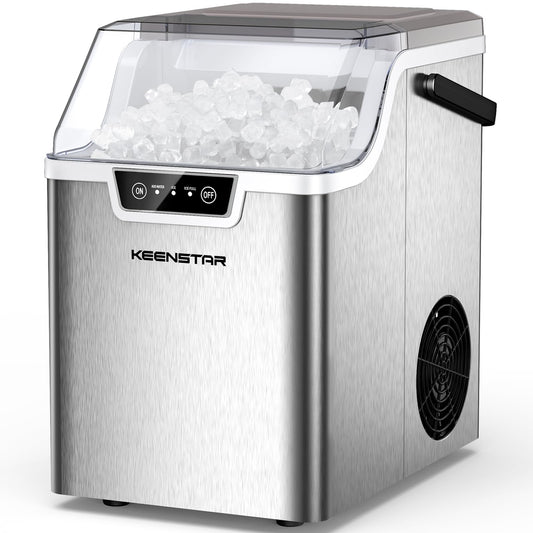 KEENSTAR Nugget Ice Maker Countertop with Handle, Ready in 5 Mins, 40lbs Per Day, Auto-Cleaning, Portable Sonic Ice Machine for Soft Chewable ICES, for Home/Party/RV/Camping with Basket and Scoop
