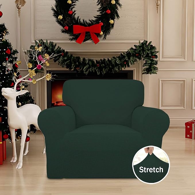 Easy-Going Stretch Chair Sofa Slipcover 1-Piece Couch Sofa Cover Furniture Protector Soft with Elastic Bottom for Kids, Pet. Spandex Jacquard Fabric Small Checks (Chair, Dark Green)