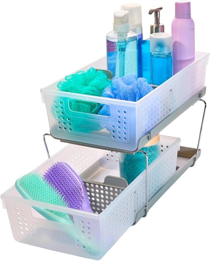 madesmart 2 Tier Bath Organizer,Undersink Storage with Sliding Drawers,for Cleaning Supplies,Pantry,Sponges,Bottles&Kitchen Essentials,Adjustable Dividers&Pull Out Sliding Baskets,Frost,(Pack of 2)
