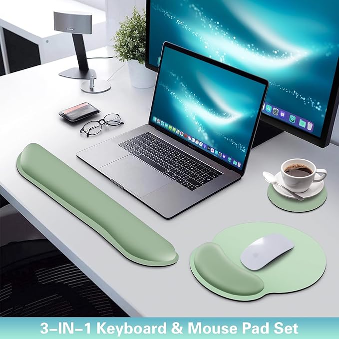 Mouse Pad with Wrist Rest Set, 3-in-1 Wrist Support Mousepad Set, Gaming Mat Pad with Anti-Skid Base,Ergonomic Mouse Pad Green,Memory Foam Gel Wrist Rest for Computer Keyboard