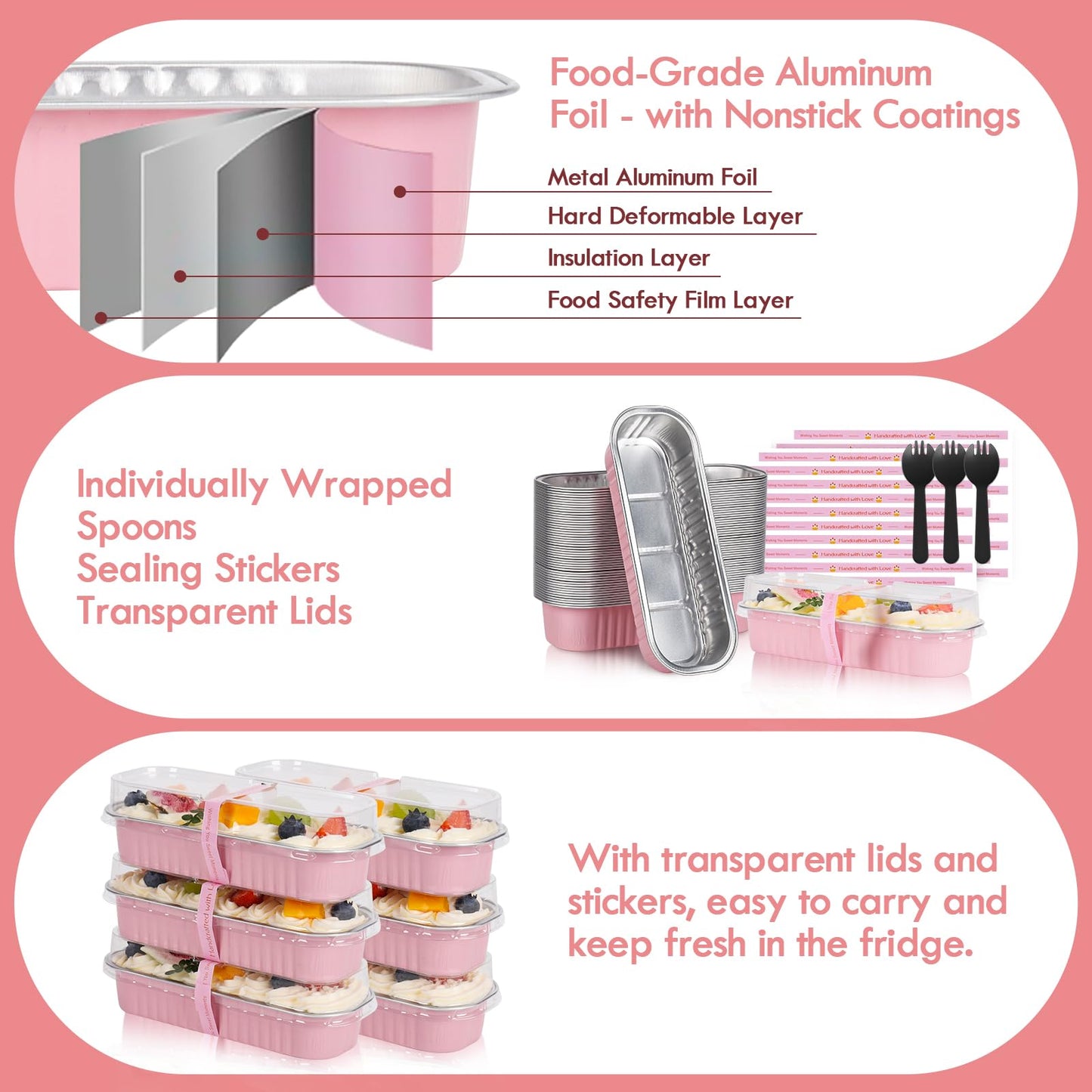 YQER 100 Pack Mini Loaf Pans with Lids and Spoons Sealing Sticker, 6.8oz Mini Cake Pans for Baking, Disposable Aluminum Foil Loaf Pans, Pink Loaf Baking Pans, Small Cake Containers With Lids